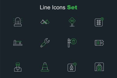 Demiryolu tünelinde tren hattı, online bilet rezervasyonu, trafik konisi, kondüktör, kafe ve restoran konumu, Wrench anahtarı ve tren yolu ikonu, demiryolu ikonu. Vektör