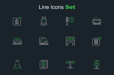 Demiryolu geçişi, tren trafik ışığı, pasaport, trafik konisi, online bilet rezervasyonu, tren köprüsü, yüksek hız ve kargo vagonu ikonu. Vektör