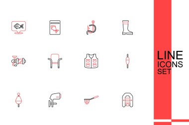 Motorlu şişme tekne, balıkçı ağı, dışta yüzen, ceket, katlanır sandalye ve balıkçı ikonu için dönen makarayı ayarlayın. Vektör