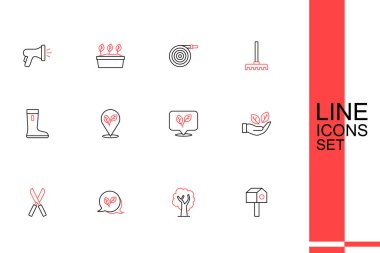 Kuş evi, Ağaç, Yaprak, Bahçe Makası, El, Yapraklı Konum ve Su geçirmez lastik bot ikonu. Vektör