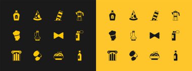 Kahve makinası, zeytin, makarna, makarna makarna makarna, şişe zeytinyağı, Pisa 'daki yaslanma kulesi, parfüm ve dilimlenmiş pizza ikonu. Vektör