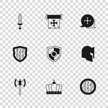Kral tacı, Ortaçağ miğferi, yuvarlak ahşap kalkan, Kalkan, Haçlı Seferi, kılıç ve ikon. Vektör