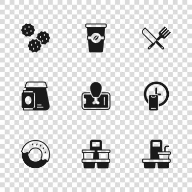 Kahve fincanını hazır et, saat başı teslimat, seyyar yemek siparişi, çapraz bıçak ve çatal, kurabiye bisküvisi ve çevrimiçi gıda ikonu. Vektör