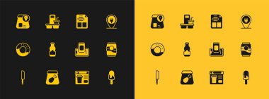 Kafe ve restoran yeri, çevrimiçi yemek siparişi, yemek servisi, yemek, sos şişesi, restoran kafe menüsü ve kahve fincanı. Vektör