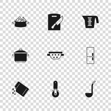 Pizza bıçağı, buzdolabı, mutfak kepçesi, süzgeç, ölçü kabı, tencere, kesim tahtası ve ikon. Vektör