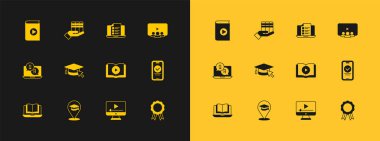 Çevrimiçi sınıf, eğitim, sesli kitap, oyun videosu, imleç, sınav, anket ve kitap bağışı ikonu içeren mezuniyet başlığı. Vektör