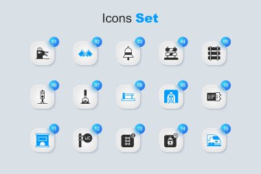 Online bilet rezervasyonunu ayarlayın, Arrow tren yolu, bayrak, bilet bürosu, yüksek hızlı tren, tren, turnstile ve demiryolu bariyer ikonu satın almak için. Vektör