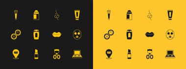 Krem veya losyon kozmetik tüpü, ruj, gülümseyen dudaklar, kirpik bigudi, şampuan şişesi, sivilce, makyaj fırçası ve deodorant rulo ikonu. Vektör