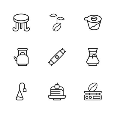 Sıra halinde pasta, kahve makinesinin üzerine dökme, elektronik teraziler, şeker çubuğu paketleri, kahve masası, fasulye ve ikonlu kettle. Vektör