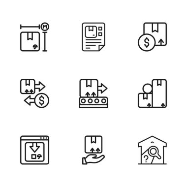 Karton karton, depo kontrolü, konveyör kayışı, mukavva ölçü, Waybill ve Vergi ikonu ile çizgi teslimat elini ayarlayın. Vektör