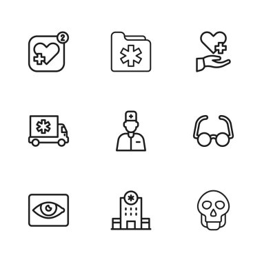 Set hattı hastane binası, gözlük, kafatası, erkek doktor, çapraz kalp atışı, mobil kalp atış hızı, sağlık dosyası ve ambulans arabası ikonu. Vektör