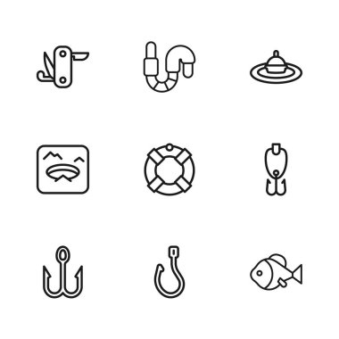 Olta oltası, yem, Lifebuoy, şamandıra suyu, İsviçre çakısı, Solucan ve Kış balıkçılığı ikonu. Vektör