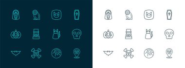 Tabut, Hıristiyan haçı, Kafatası, çapraz kemikler, Kara Kedi, Göz, Şişe iksiri, Komik ve korkunç hayalet maskesi ve Baykuş ikonu. Vektör