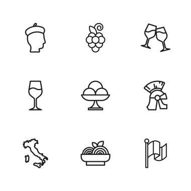 Çizgili makarna, Roma ordu kaskı, bayrak İtalya, kasede dondurma, şarap kadehi, Fransızca, üzümlü meyve ve ikon. Vektör