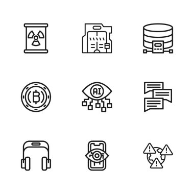 Bilgisayar görüşünü, konuşma baloncuğu sohbetini, ünlem işaretli Dünya 'yı, Bulut veritabanını, varildeki radyoaktif atıkları, gelecekçi sürgülü kapıları ve Bitcoin para ikonunu ayarla. Vektör