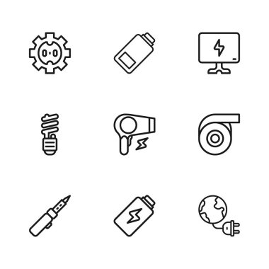 Hattı şarj et, yapışkan bant tak, prizli küresel enerji gezegeni, saç kurutma makinesi, akıllı televizyon, elektrik prizi ve LED ampul ikonu. Vektör