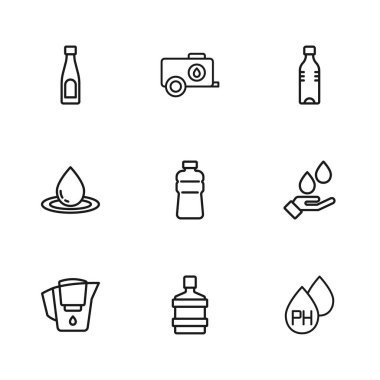 Büyük şişe temiz su, el yıkama sabunu, su damlası, bir şişe, mobil depo ve ikon. Vektör