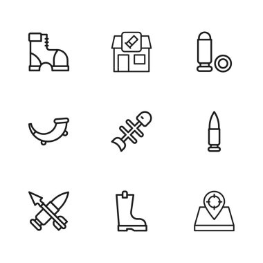 Su geçirmez lastik bot, kurşun, av yeri, ölü balık, avcı botları, av dükkanı ve boynuz ikonu. Vektör