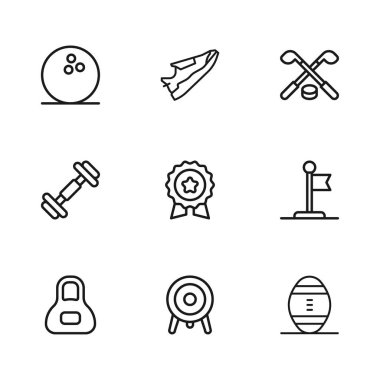 Set çizgisi, spor, bayrak, Amerikan futbolu, yıldız madalyası, buz hokeyi sopaları ve puck, bowling, spor ayakkabıları ve Dumbbell ikonu. Vektör