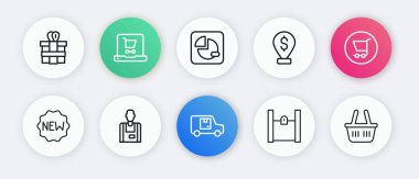Hat teslimat kamyonu, alışveriş arabası, yeni etiketli fiyat etiketi, kağıt alışveriş çantası, nakit konumu, harita bilgisi, sepet ve satıcı simgesi. Vektör