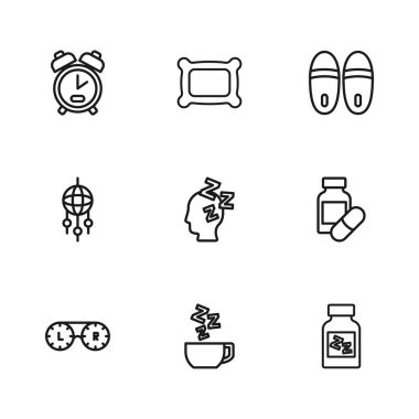 Hattı belirle, papatya çayı, uyku hapı, rüyalar, terlikler, alarm saati, tüy ikonlu yastık ve yakalayıcı. Vektör