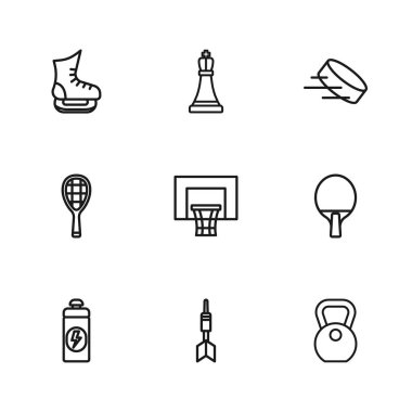 Dart oku, raket, ağırlık, basketbol arka tahtası, hokey diski, patenler, satranç ve tenis raketi ikonu. Vektör