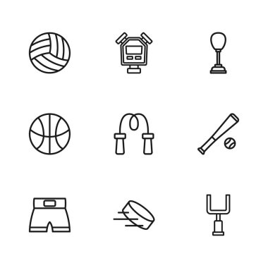 Hokey diski, beysbol sopası, Amerikan futbol kalesi direği, atlama ipi, kum torbası, voleybol, sttopwatch ve basketbol ikonu. Vektör