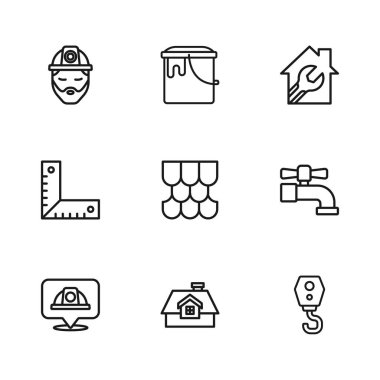 Ev, su musluğu, vinç kancası, anahtar anahtarı, mimar, boya kovası ve köşe cetvel ikonu olan çatı kiremidi. Vektör