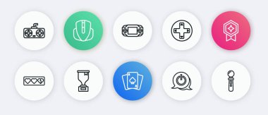 Satır çizgisi Oyun kartları, madalya, yaşam çubuğu, Güç düğmesi, kumanda veya joystick, taşınabilir video oyun konsolu, VR ve ödül kupasının ikonu. Vektör