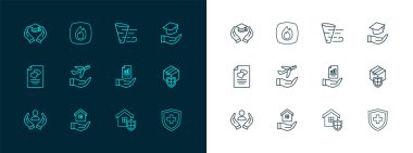 Eğitim ödeneği, ev, sözleşme, kalkan, uçak, kasırga ve ateş alevi ikonu. Vektör