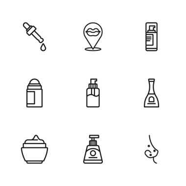 Hat kremi ya da losyon kozmetik tüpü, bir şişe oje, sivilce, sıvı sabun, tıraş köpüğü, yağlı Pipette, gülen dudaklar ve deodorant rulo ikonu. Vektör