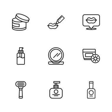 El kremi, tüpte güneş kremi, şişe cilası aynalı makyaj pudrası, gülen dudaklar, krem losyon kozmetik, dudak büyütme ve sıvı sabun ikonu. Vektör