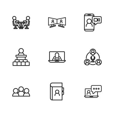 Telefon rehberi, toplantı, görüntülü sohbet konferansı ve konuşmacı simgesi ayarla. Vektör