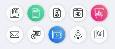 Satır Video reklamcılığı, grafik tablosu, posta ve e-posta, Tüketici ürün notu, Reklamcılık, Finansal kitap ve simge ile kurulu. Vektör