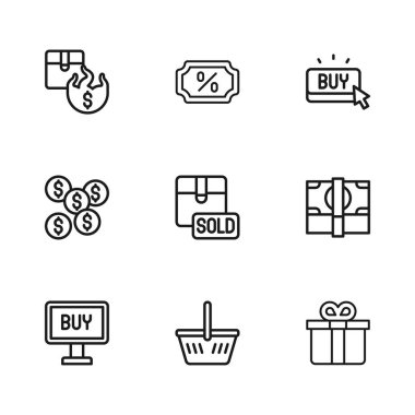 Alış veriş sepeti, deste kağıt para, hediye kutusu, satış düğmesi, yüksek fiyat, indirim yüzde etiketi ve dolar sembolü simgesi. Vektör