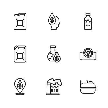 Petrol ve gaz sanayi fabrikası, valfli boru, benzin tüpü, benzin test tüpü, dolar sembolü ve ikon bırakın. Vektör