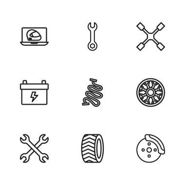 Hat çizgisi araba tekerleği, araba için alçı, kalibreli fren diski, yarış pisti, tekerlek anahtarı, miğfer, İngiliz anahtarı ve pil ikonu. Vektör