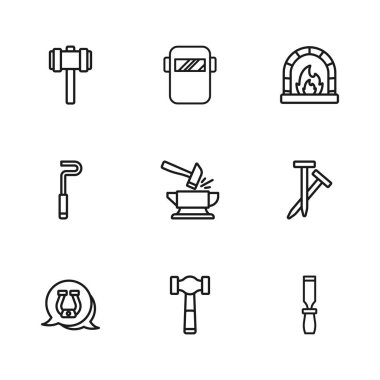 Çekiç, metal çiviler, Rasp metal dosyası, örs ve çekiç, demirci fırını, Balyoz, Kaynak maskesi ve Ateş poker ikonu. Vektör