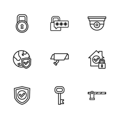 Hat eski anahtar, ev koruma altında, park yeri bariyeri, güvenlik kamerası, kilit, siber güvenlik ve dünya ikonu olan kalkanlar. Vektör