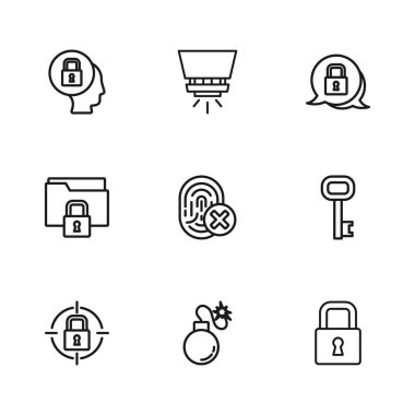 Hat bombası, eski anahtar, kilit, iptal edilmiş parmak izi yangın söndürme sistemi, dizin ve kilit simgesi. Vektör