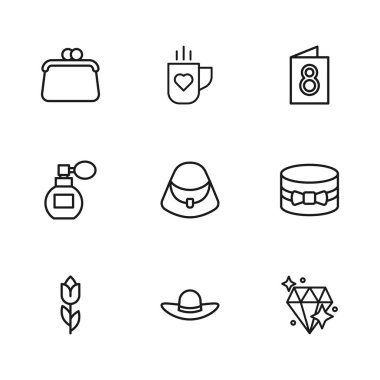 Şık kadın şapkası, hediye kutusu ve kalp, Diamond, El çantası, 8 Mart 'lı tebrik kartı, kahve fincanı ve parfüm ikonu. Vektör