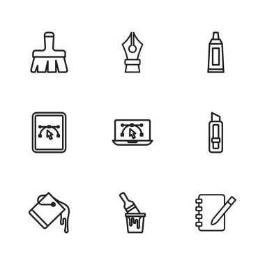 Fırça, kırtasiye bıçağı, defter, bilgisayar tasarım programı, tüp boya paleti, dolmakalem ucu ve simgeyle boya kovası ayarla. Vektör