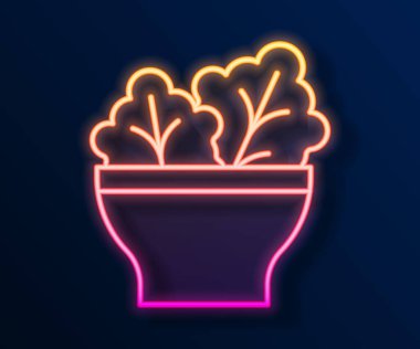 Siyah arka planda izole edilmiş kase ikonunda parlayan neon çizgisi salatası. Taze sebze salatası. Sağlıklı beslenme. Vektör