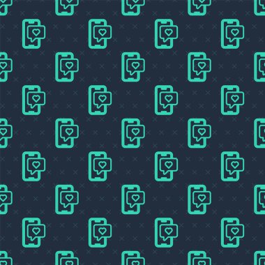 Kalp emojisi konuşma balonlu yeşil çizgi akıllı telefonu mavi arkaplanda izole edilmiş ekran simgesine mesaj gönder. Sevgililer Günü. Vektör