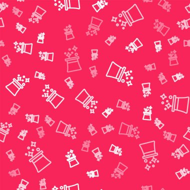 Beyaz çizgi sihirbaz şapkası simgesi kırmızı arka planda izole edilmiş. Sihir numarası. Gizemli eğlence konsepti. Vektör