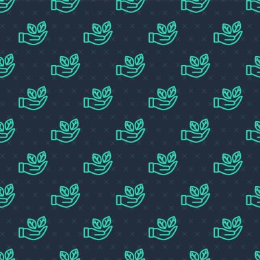 Green line Hand hold a leaf of the plant icon isolated seamless pattern on blue background. Care nature. Leaf shoots with environmental protection.  Vector