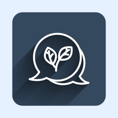 Beyaz çizgi Yaprak simgesi uzun gölge arkaplanı ile izole edildi. İşaret bırakıyor. Taze doğal ürün sembolü. Mavi kare düğme. Vektör