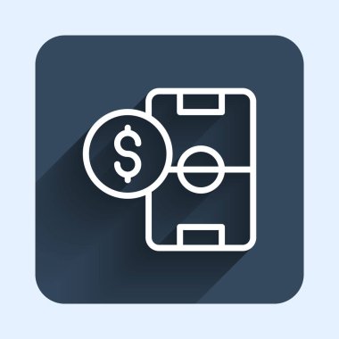 Beyaz çizgi futbol bahisleri para ikonu uzun gölgeli arka plan izole. Futbol bahisçisi. İnternetteki futbol bahisleri para kazandırıyor. Mavi kare düğme. Vektör