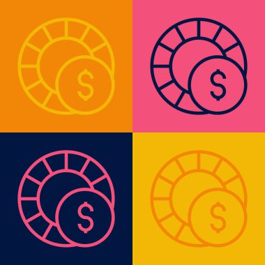 Pop Art Line Casino çipleri simgesi renk arkaplanında izole edildi. Kumarhane kumarı. Vektör