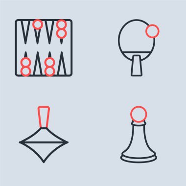 Set hattı raketi, Whirligig oyuncağı, Satranç piyonu ve Tavla tahtası simgesi. Vektör